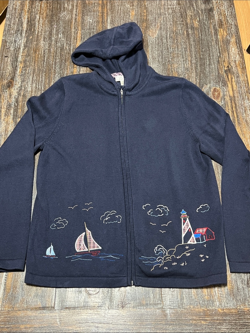 Christopher & Banks Navy Hooded Zip Cardigan with Nautical Embroidery